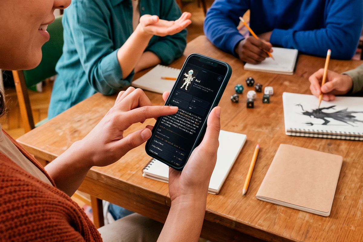 A player explores Steward's Bard class on a phone while friends sketch and plan characters around a table.