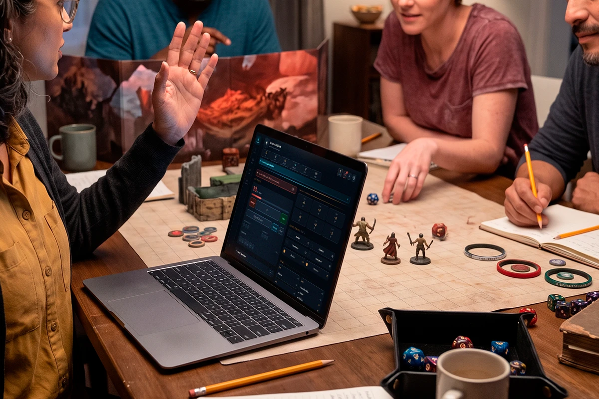 A player checks Steward on a laptop beside handwritten notes and dice during a tabletop session.
