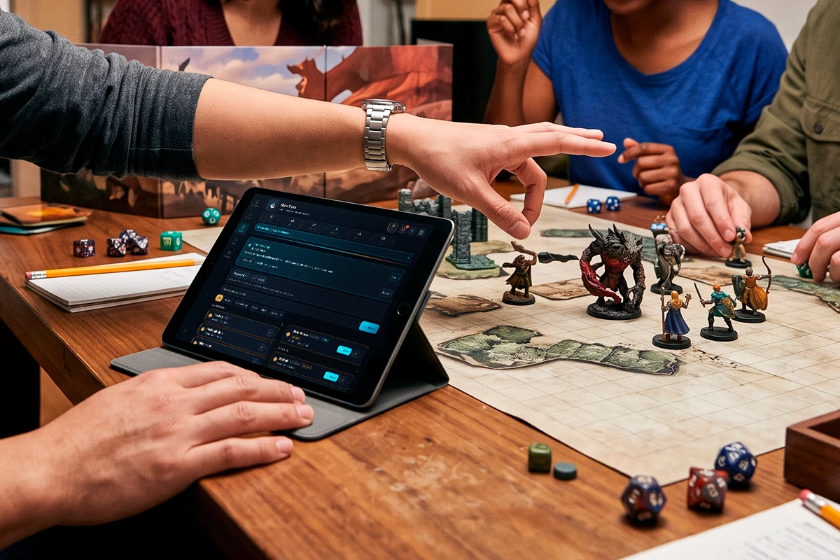 Friends move miniatures and roll dice around a battle map while a player tracks their character in Steward on a tablet.