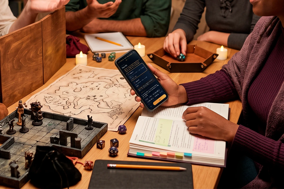 Players talk through a character choice together with Steward open on a phone at their table.